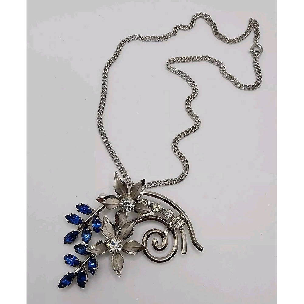 Cobalt Blue Rhinestone Floral Spray Silver Tone Pendant Brooch Retro Statement - Picture 7 of 16